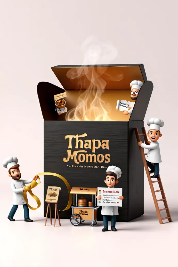 Thapa Momos exploding out of a black box, with miniature chefs around it, suggesting deliciousness.