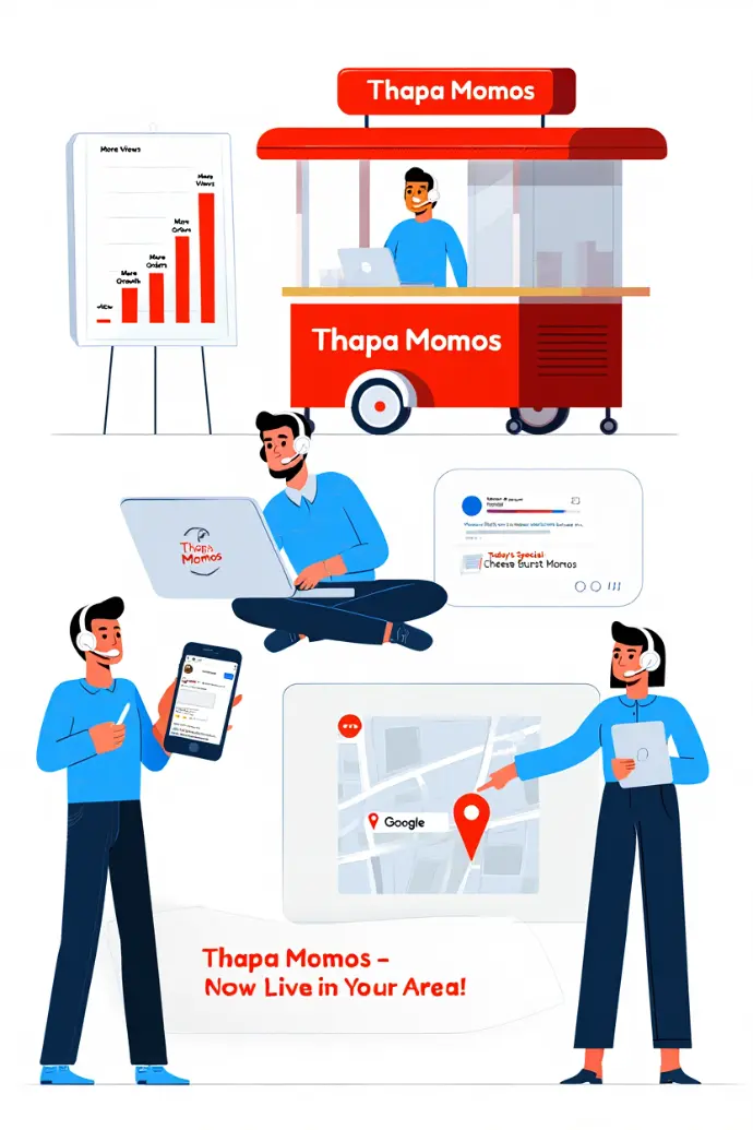 Man analyzing Thapa Momos franchise data on a laptop, while others handle customer calls and location mapping.
