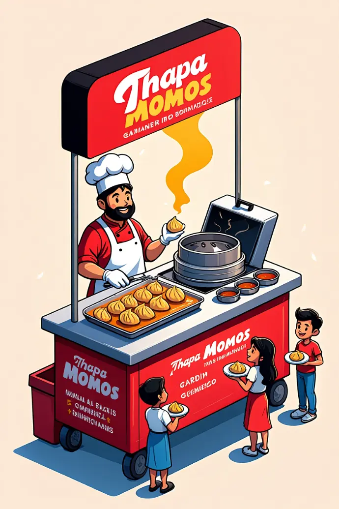 Cartoon illustration of a Thapa Momos street food stall with a chef serving customers.
