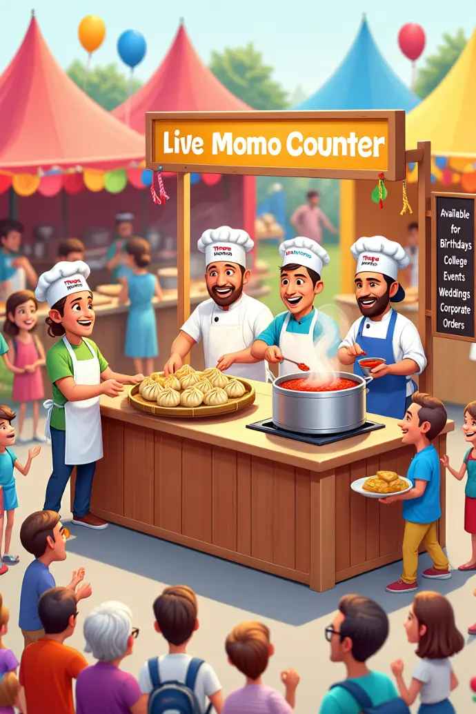 Lively scene of a "Live Momo Counter" at a fair or festival, with chefs cooking and serving Thapa Momos to a crowd.