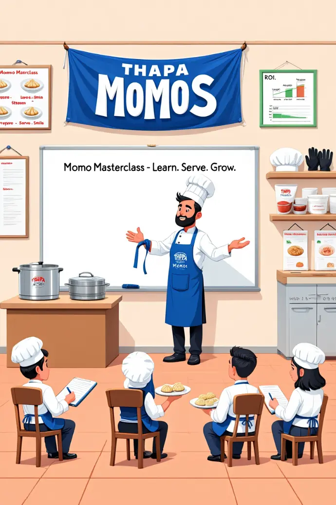 Cartoon depiction of a Thapa Momos masterclass, with a chef teaching students.